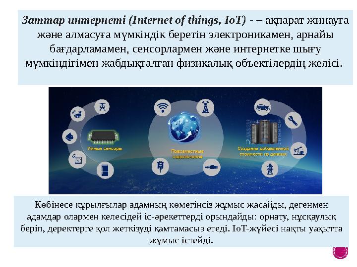 Заттар интернеті (Internet of things, IoT) - – ақпарат жинауға және алмасуға мүмкіндік беретін электроникамен, арнайы бағдарла