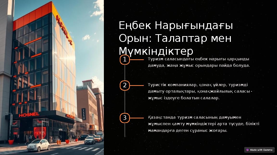 Еңбек Нарығындағы Орын: Талаптар мен Мүмкіндіктер 1 Туризм саласындағы еңбек нарығы қарқынды дамуда, жаңа жұмыс орындары па