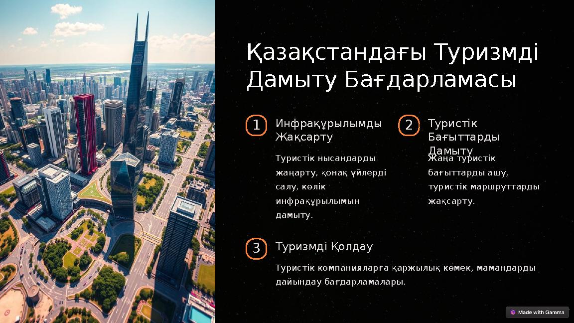 Қазақстандағы Туризмді Дамыту Бағдарламасы 1Инфрақұрылымды Жақсарту Туристік нысандарды жаңарту, қонақ үйлерді салу, көлік