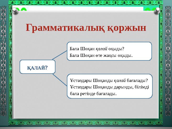 Грамматикалық қоржын ҚАЛАЙ? Бала Шоқан қалай оқыды? Бала Шоқан өте жақсы оқыды. Ұстаздары Шоқанды қалай бағалады? Ұстаздары Шо