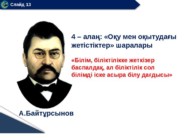 Слайд 13 А.Байтұрсынов 4 – алаң: «Оқу мен оқытудағы жетістіктер» шаралары «Білім, біліктілікке жеткізер баспалдақ, ал білі