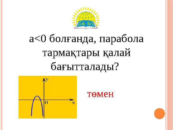 а<0 болғанда, парабола тармақтары қалай бағытталады? төмен