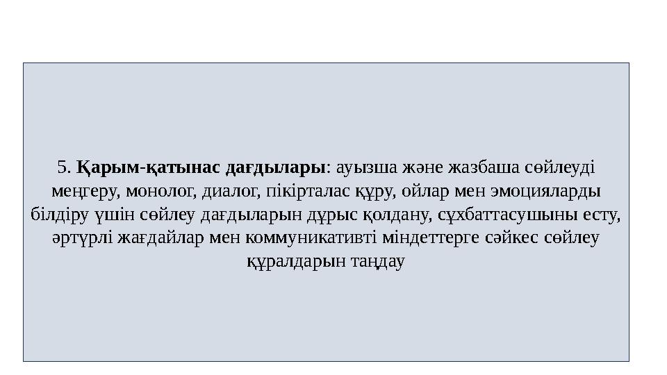 5. Қарым-қатынас дағдылары: ауызша және жазбаша сөйлеуді меңгеру, монолог, диалог, пікірталас құру, ойлар мен эмоцияларды білд