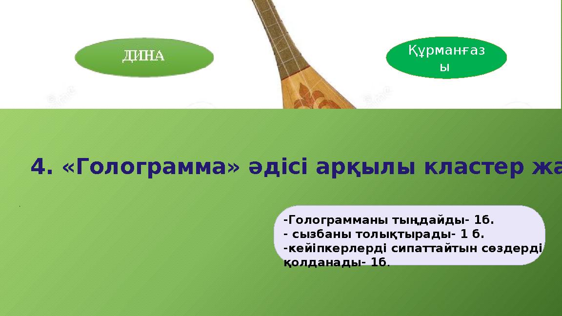 4. «Голограмма» әдісі арқылы кластер жазу . Құрманғаз ы -Голограмманы тыңдайды- 1б. - сызбаны толықтырады- 1 б. -кейіпкерлерді