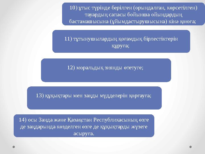 13) құқықтары мен заңды мүдделерін қорғауға; 14) осы Заңда және Қазақстан Республикасының өзге де заңдарында көзделген өзге де