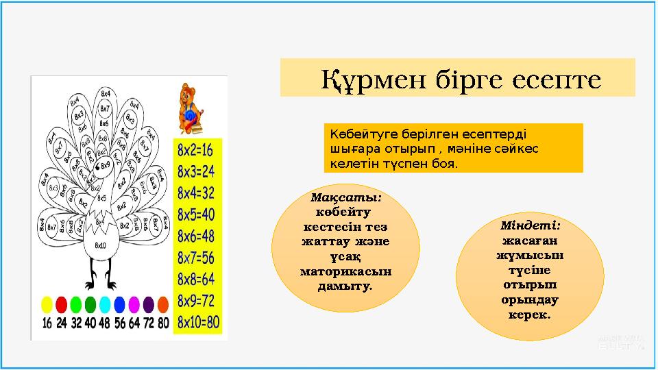 Құрмен бірге есепте Көбейтуге берілген есептерді шығара отырып , мәніне сәйкес келетін түспен боя. Мақсаты: көбейту кесте
