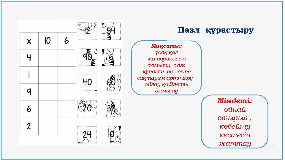 Пазл құрастыру Мақсаты: ұсақ қол маторикасын дамыту, пазл құрастыру , есте сақтауын арттыру , ойлау қабілетін дамыту М