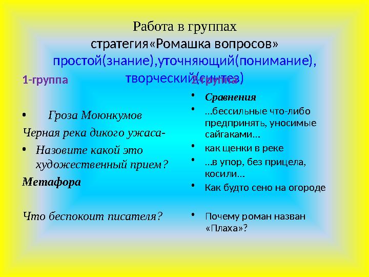 Работа в группах стратегия«Ромашка вопросов» простой(знание),уточняющий(понимание), творческий(синтез)1-группа • Гроза Моюнкум