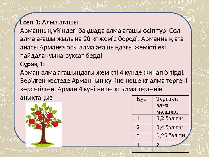 КүнТерілген алма мөлшері 1 0,2 бөлігін 2 0,4 бөлігін 3 0,25 бөлігін 4 ? Есеп 1: Алма ағашы Арманның үйіндегі бақшада алма ағаш КүнТерілген алма мөлшері 1 0,2 бөлігін 2 0,4 бөлігін 3 0,25 бөлігін 4 ? Есеп 1: Алма ағашы Арманның үйіндегі бақшада алма ағаш