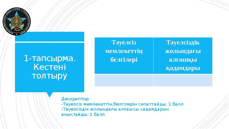 1-тапсырма. Кестені толтыру Тәуелсіз мемлекеттің белгілері Тәуелсіздік жолындағы алғашқы қадамдары