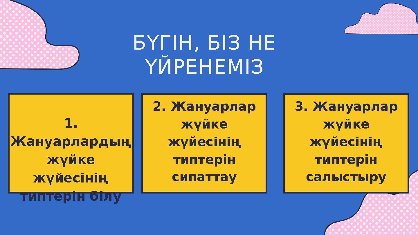 3. Жануарлар жүйке жүйесінің типтерін салыстыру 1. Жануарлардың жүйке жүйесінің типтерін білу БҮГІН, БІЗ НЕ ҮЙРЕНЕМІЗ 2