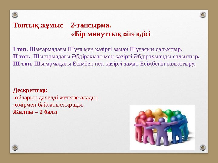 Топтық жұмыс 2-тапсырма. «Бір минуттық ой» әдісі І топ. Шығармадағы Шұға мен қазіргі заман Шұғасын салыстыр. ІІ топ. Шығарма Топтық жұмыс 2-тапсырма. «Бір минуттық ой» әдісі І топ. Шығармадағы Шұға мен қазіргі заман Шұғасын салыстыр. ІІ топ. Шығарма