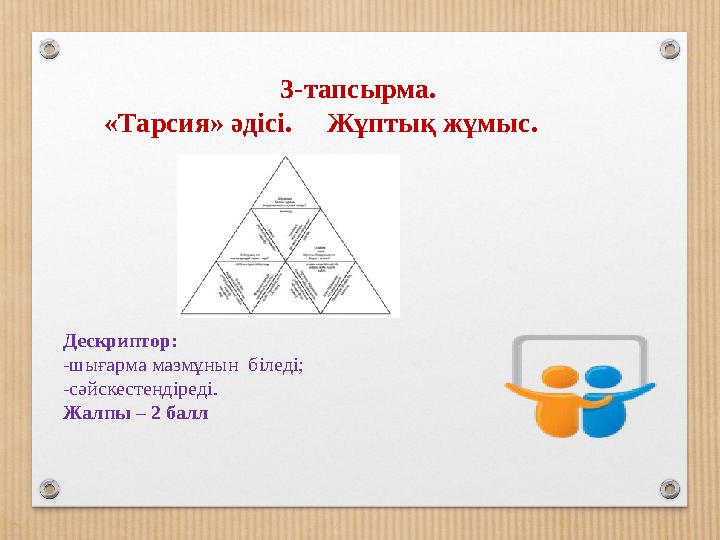 3-тапсырма. «Тарсия» әдісі. Жұптық жұмыс. Дескриптор: -шығарма мазмұнын біледі; -сәйскестендіреді. Жалпы – 2 балл 3-тапсырма. «Тарсия» әдісі. Жұптық жұмыс. Дескриптор: -шығарма мазмұнын біледі; -сәйскестендіреді. Жалпы – 2 балл
