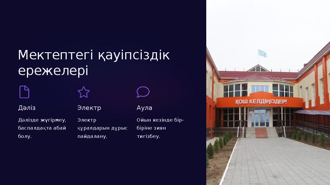 Мектептегі қауіпсіздік ережелері Дәліз Дәлізде жүгірмеу, баспалдақта абай болу. Электр Электр құралдарын дұрыс пайдалану. Мектептегі қауіпсіздік ережелері Дәліз Дәлізде жүгірмеу, баспалдақта абай болу. Электр Электр құралдарын дұрыс пайдалану.
