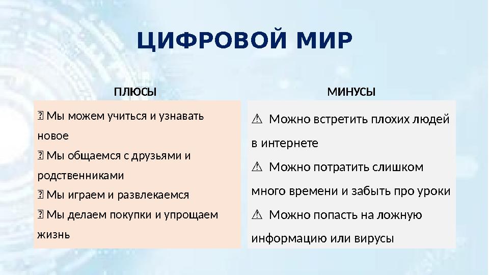 ЦИФРОВОЙ МИР ПЛЮСЫ ✅ Мы можем учиться и узнавать новое ✅ Мы общаемся с друзьями и родственниками ✅ Мы играем и развлекаемся ✅