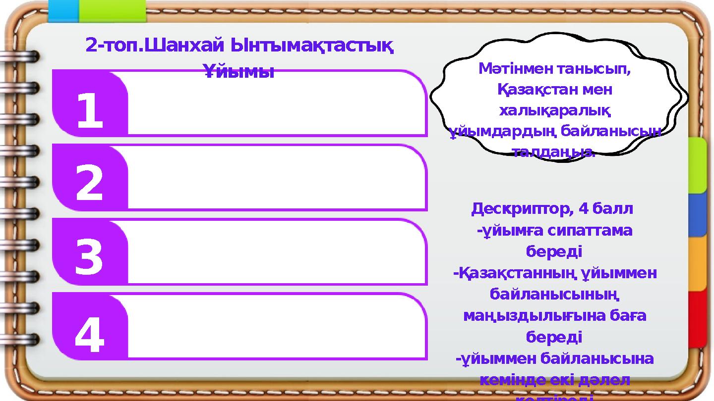 1 3 2 2-топ.Шанхай Ынтымақтастық Ұйымы 4 Дескриптор, 4 балл -ұйымға сипаттама береді -Қазақстанның ұйыммен байланысының маң