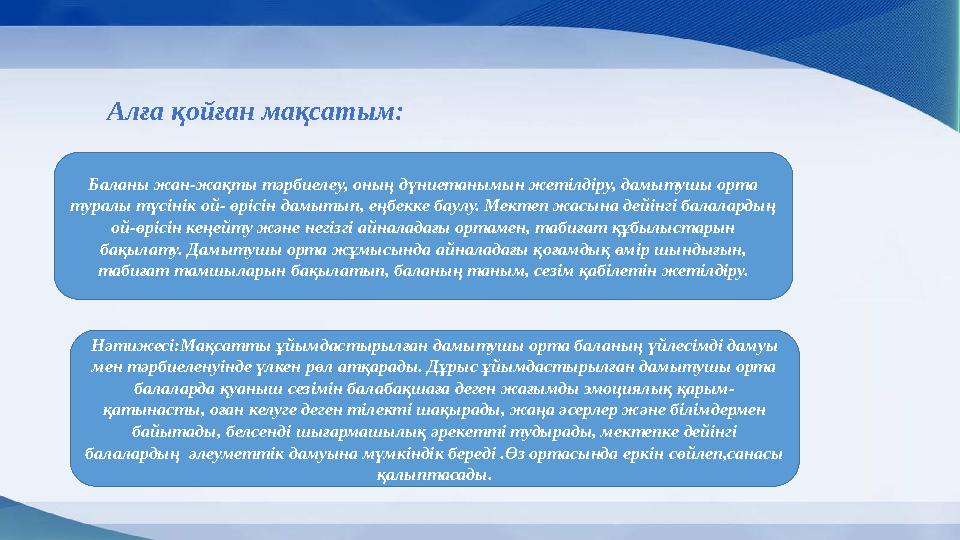 Алға қойған мақсатым: Баланы жан-жақты тəрбиелеу, оның дүниетанымын жетілдіру, дамытушы орта туралы түсінік ой- өрісін дамытып,