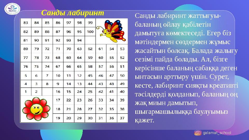 galamat_school Санды лабиринт Санды лабиринт жаттығуы- баланың ойлау қабілетін дамытуға көмектеседі. Егер біз мәтіндермен сөз