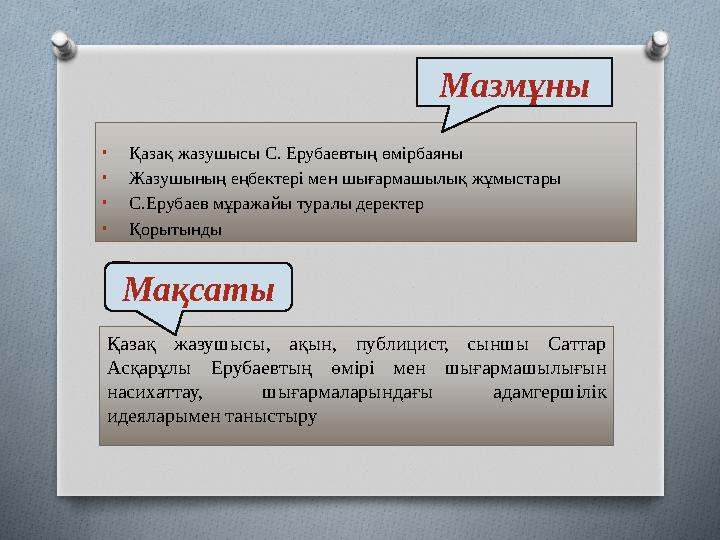 •Қазақ жазушысы С. Ерубаевтың өмірбаяны •Жазушының еңбектері мен шығармашылық жұмыстары •С.Ерубаев мұражайы туралы деректер •Қ