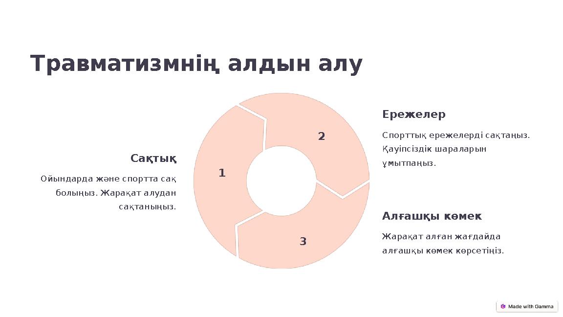 Травматизмнің алдын алу Сақтық Ойындарда және спортта сақ болыңыз. Жарақат алудан сақтаныңыз. 1 Ережелер Спорттық ережелерді с Травматизмнің алдын алу Сақтық Ойындарда және спортта сақ болыңыз. Жарақат алудан сақтаныңыз. 1 Ережелер Спорттық ережелерді с