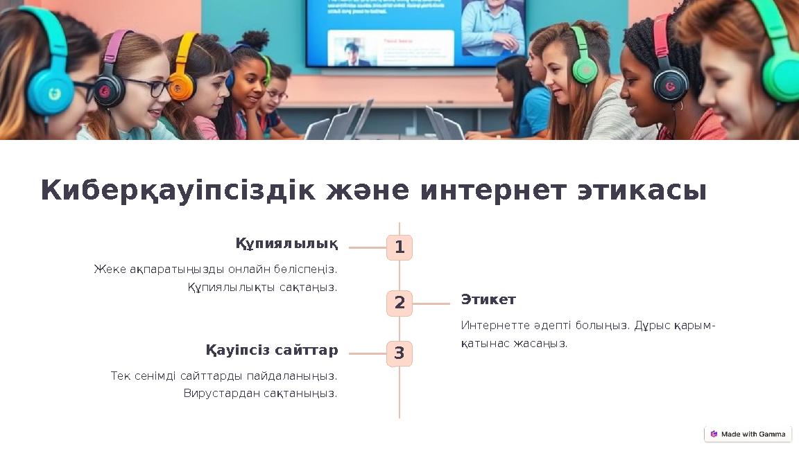 Киберқауіпсіздік және интернет этикасы 1 Құпиялылық Жеке ақпаратыңызды онлайн бөліспеңіз. Құпиялылықты сақтаңыз. 2 Этикет Интер Киберқауіпсіздік және интернет этикасы 1 Құпиялылық Жеке ақпаратыңызды онлайн бөліспеңіз. Құпиялылықты сақтаңыз. 2 Этикет Интер