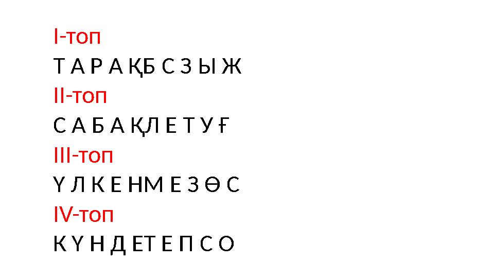 І-топ Т А Р А ҚБ С З Ы Ж ІІ-топ С А Б А ҚЛ Е Т У Ғ ІІІ-топ Ү Л К Е НМ Е З Ө С ІV-топ К Ү Н Д ЕТ Е П С О