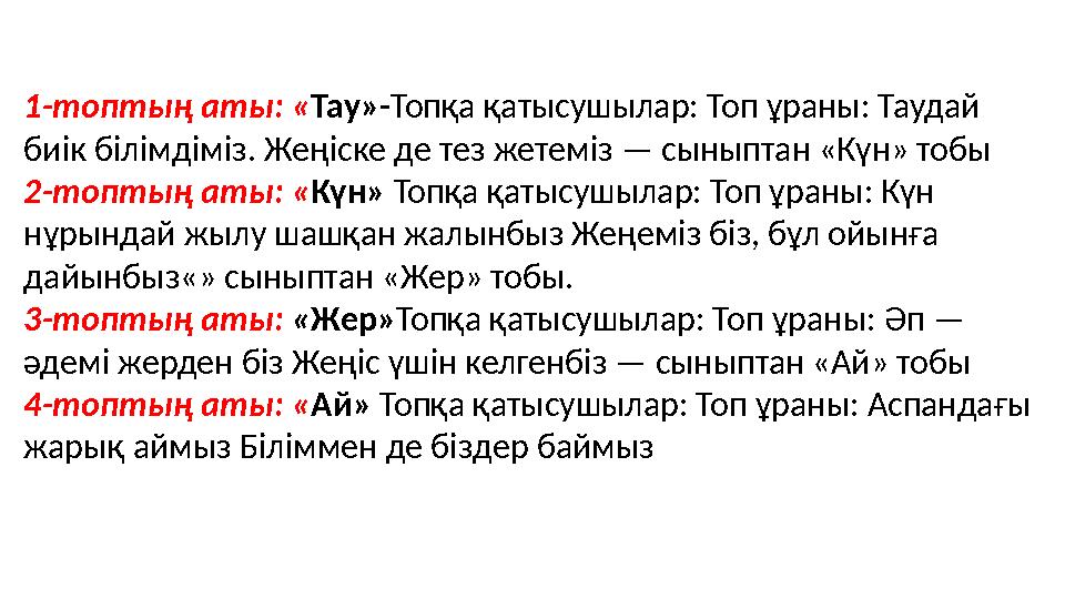1-топтың аты: «Тау»-Топқа қатысушылар: Топ ұраны: Таудай биік білімдіміз. Жеңіске де тез жетеміз — сыныптан «Күн» тобы 2-топтың