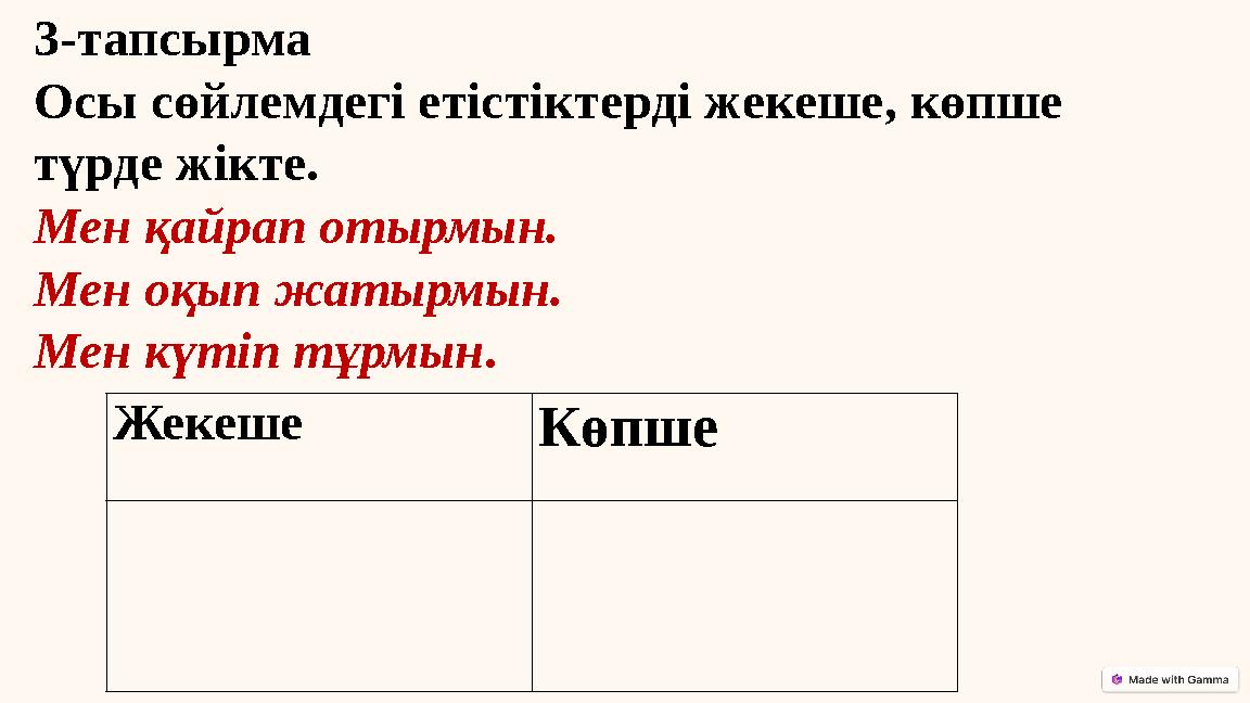 Жекеше Көпше 3-тапсырма Осы сөйлемдегі етістіктерді жекеше, көпше түрде жікте. Мен қайрап отырмын. Мен оқып жатырмын. Мен кү Жекеше Көпше 3-тапсырма Осы сөйлемдегі етістіктерді жекеше, көпше түрде жікте. Мен қайрап отырмын. Мен оқып жатырмын. Мен кү