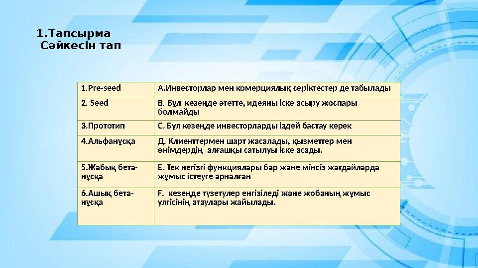 1.Тапсырма Сәйкесін тап 1.Pre-seed А.Инвесторлар мен комерциялық серіктестер де табылады 2. Seed В. Бұл кезеңде әтетте, идеяны 1.Тапсырма Сәйкесін тап 1.Pre-seed А.Инвесторлар мен комерциялық серіктестер де табылады 2. Seed В. Бұл кезеңде әтетте, идеяны