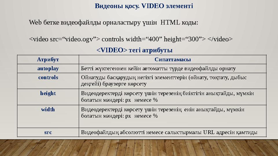 Видеоны қосу. VIDEO элементі Web бетке видеофайлды орналастыру үшін HTML коды: <video src=“video.ogv”> controls width=“400” he