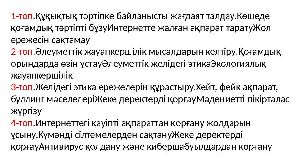 1️ -топ. Құқықтық тәртіпке байланысты жағдаят талдау.Көшеде қоғамдық тәртіпті бұзуИнтернетте жалған ақпарат таратуЖол ережесі