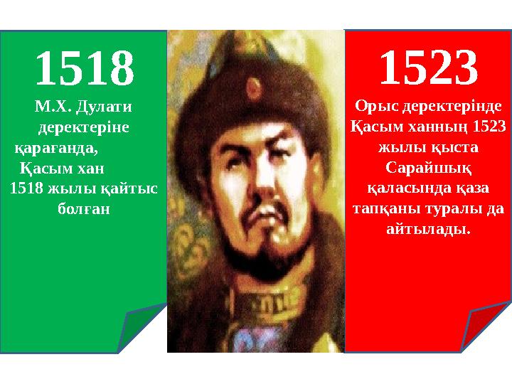 1518 М.Х. Дулати деректеріне қарағанда, Қасым хан 1518 жылы қайтыс болған 1523 Орыс деректерінде Қа