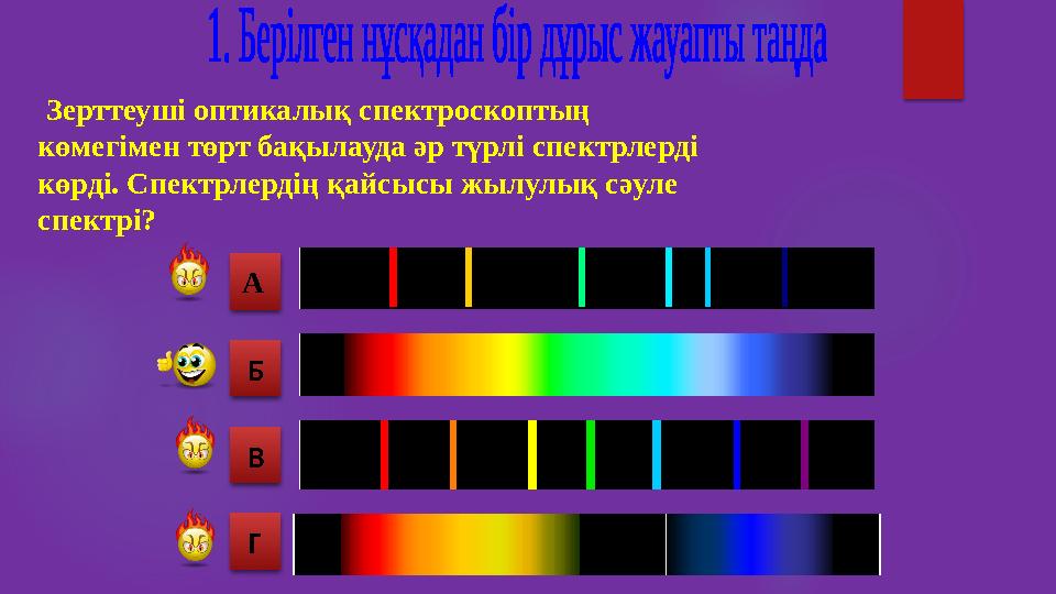 Зерттеуші оптикалық спектроскоптың көмегімен төрт бақылауда әр түрлі спектрлерді көрді. Спектрлердің қайсысы жылулық сәу