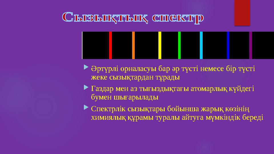 Әртүрлі орналасуы бар әр түсті немесе бір түсті жеке сызықтардан тұрады Газдар мен аз тығыздықтағы атомарлық күйдегі бумен
