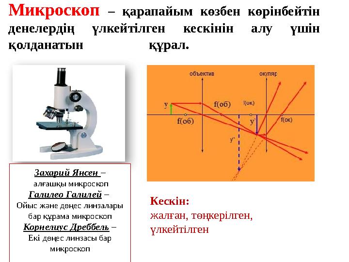 Микроскоп – қарапайым көзбен көрінбейтін денелердің үлкейтілген кескінін алу үшін қолданатын құрал. Захарий Янсен – алғашқ