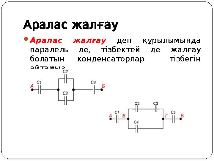 Араласжалғау Аралас жалғау деп құрылымында паралель де, тізбектей де жалғау болатын конденсаторлар тізбегін айтамыз. Араласжалғау Аралас жалғау деп құрылымында паралель де, тізбектей де жалғау болатын конденсаторлар тізбегін айтамыз.