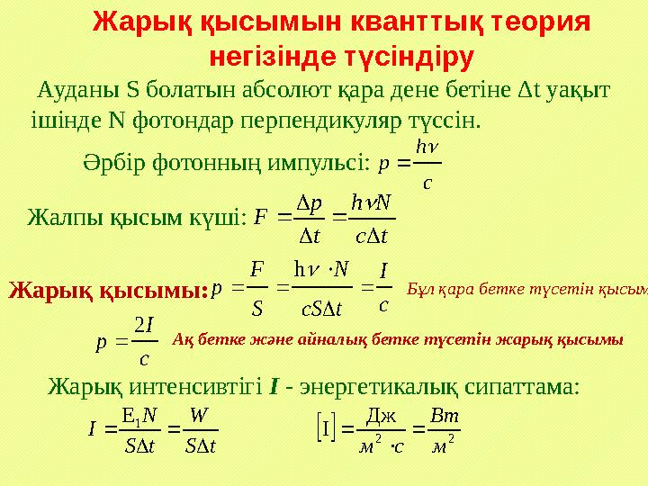Ауданы S болатын абсолют қара дене бетіне ∆t уақыт ішінде N фотондар перпендикуляр түссін. Әрбір фотонның импульсі: c h р Ауданы S болатын абсолют қара дене бетіне ∆t уақыт ішінде N фотондар перпендикуляр түссін. Әрбір фотонның импульсі: c h р 