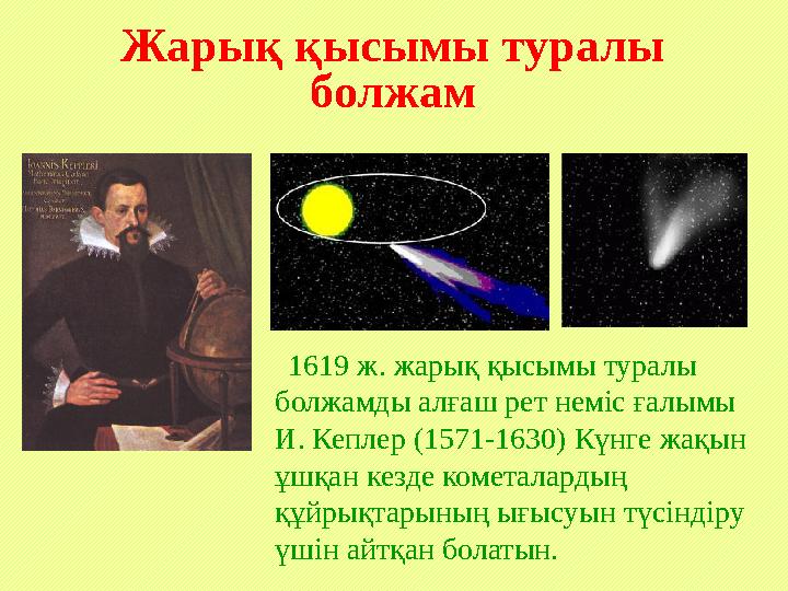(рис. 6.12). Жарық қысымы туралы болжам 1619 ж. жарық қысымы туралы болжамды алғаш рет неміс ғалымы И. Кеплер (1571-1630) (рис. 6.12). Жарық қысымы туралы болжам 1619 ж. жарық қысымы туралы болжамды алғаш рет неміс ғалымы И. Кеплер (1571-1630)