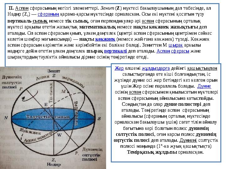 ІІ. Аспан сферасының негізгі элементтері. Зенит (Z) нүктесі бакылаушының дәл төбесінде, ал Надир (Z 1 ) — сфераның қарама-қарс