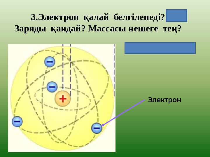 3.Электрон қалай белгіленеді? Заряды қандай? Массасы нешеге тең? ( -1 0 е) Электрон m е= 9,1*10 -31 кг