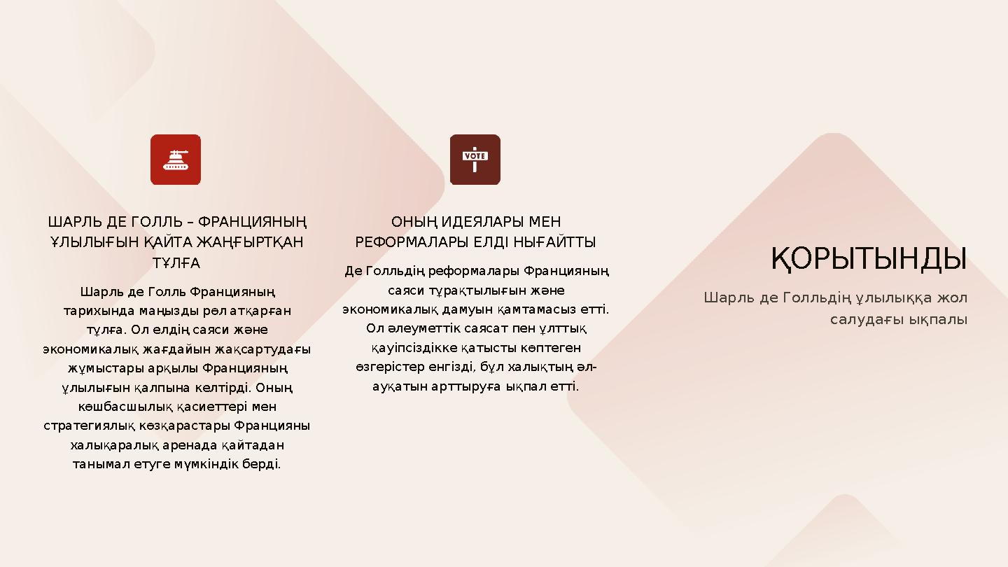 ШАРЛЬ ДЕ ГОЛЛЬ – ФРАНЦИЯНЫҢ ҰЛЫЛЫҒЫН ҚАЙТА ЖАҢҒЫРТҚАН ТҰЛҒА Шарль де Голль Францияның тарихында маңызды рөл атқарған тұлға.