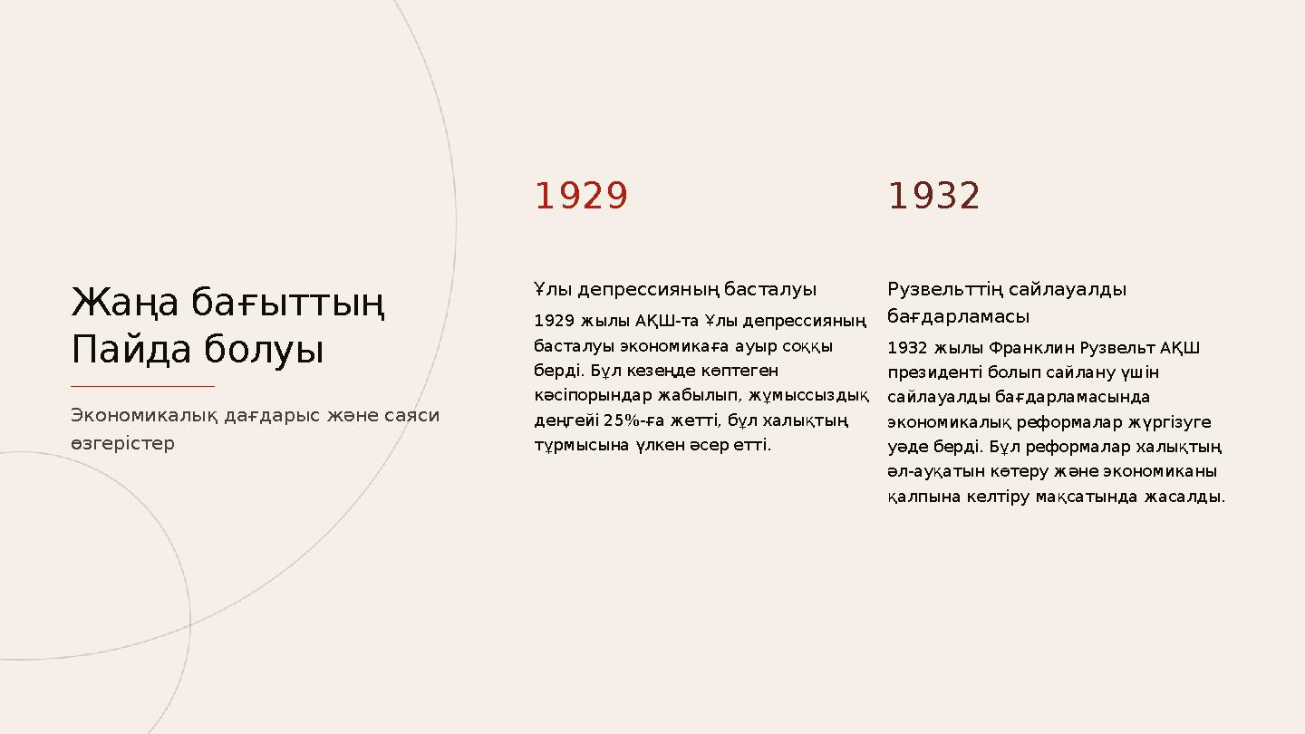 1929 Ұлы депрессияның басталуы 1929 жылы АҚШ-та Ұлы депрессияның басталуы экономикаға ауыр соққы берді. Бұл кезеңде көптеген