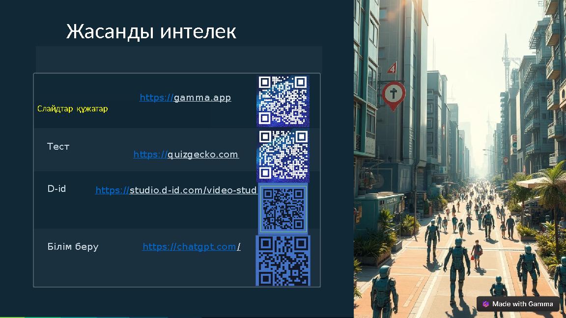 Жасанды интелек Слайдтар құжатар https://gamma.app Тест https://quizgecko.com D-id https://studio.d-id.com/video-studio