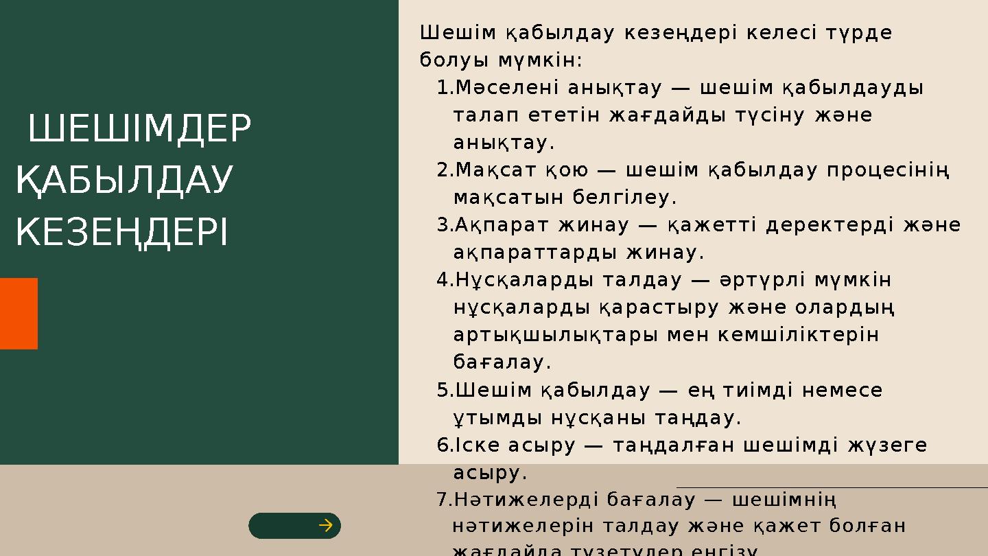 ШЕШІМДЕР ҚАБЫЛДАУ КЕЗЕҢДЕРІ Шешім қабылдау кезеңдері келесі түрде болуы мүмкін: 1.Мәселені анықтау — шешім қабылдауды талап