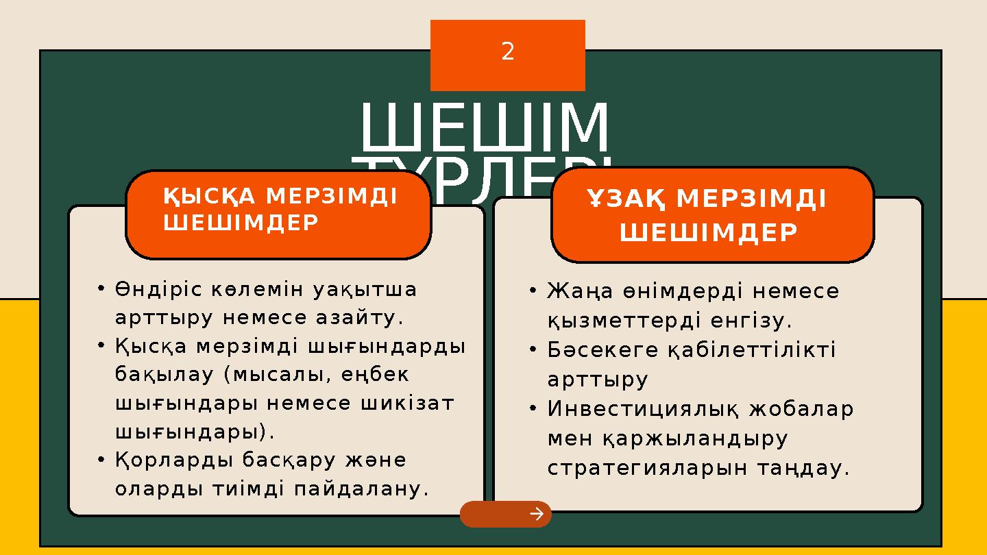 ШЕШІМ ТҮРЛЕРІ 2 ҚЫСҚА МЕРЗІМДІ ШЕШІМДЕР •Өндіріс көлемін уақытша арттыру немесе азайту. •Қысқа мерзімді шығындарды бақылау (