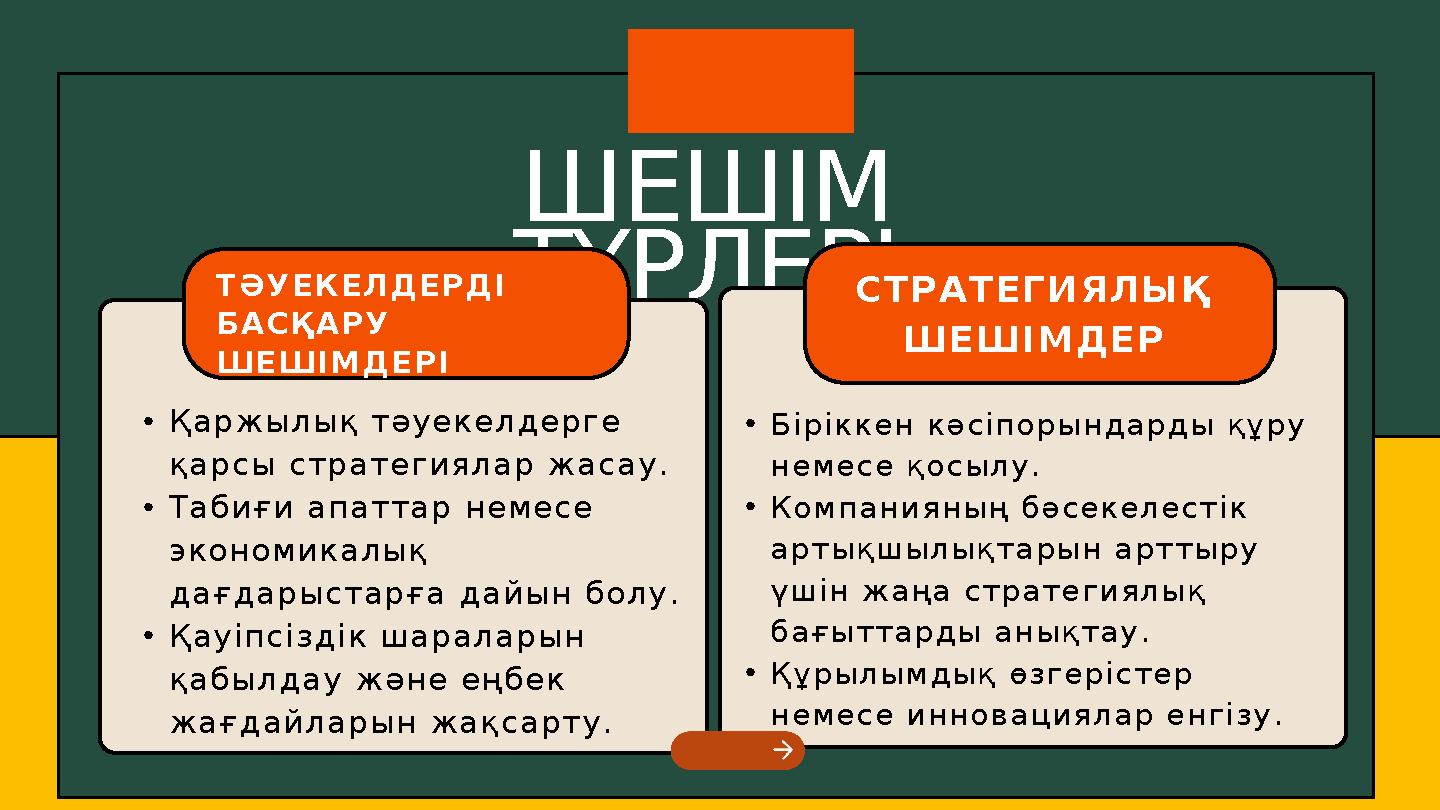 ШЕШІМ ТҮРЛЕРІТӘУЕКЕЛДЕРДІ БАСҚАРУ ШЕШІМДЕРІ •Қаржылық тәуекелдерге қарсы стратегиялар жасау. •Табиғи апаттар немесе экономи