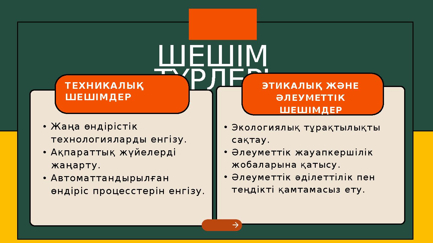 ШЕШІМ ТҮРЛЕРІТЕХНИКАЛЫҚ ШЕШІМДЕР •Жаңа өндірістік технологияларды енгізу. •Ақпараттық жүйелерді жаңарту. •Автоматтандырылған