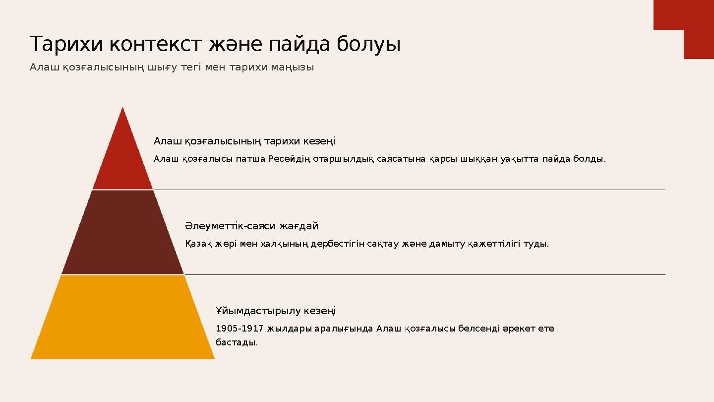 Алаш қозғалысының тарихи кезеңі Алаш қозғалысы патша Ресейдің отаршылдық саясатына қарсы шыққан уақытта пайда болды. Әлеуметтік-