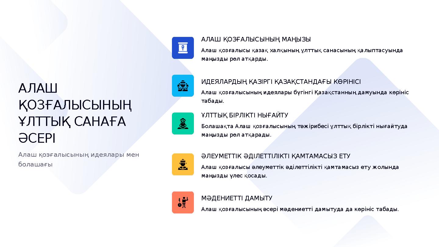 АЛАШ ҚОЗҒАЛЫСЫНЫҢ МАҢЫЗЫ Алаш қозғалысы қазақ халқының ұлттық санасының қалыптасуында маңызды рөл атқарды. ИДЕЯЛАРДЫҢ ҚАЗІРГІ Қ