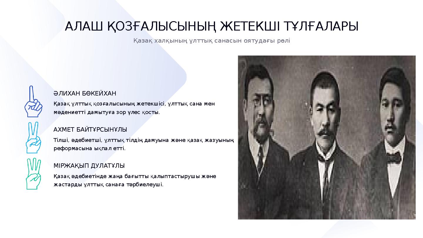 ӘЛИХАН БӨКЕЙХАН Қазақ ұлттық қозғалысының жетекшісі, ұлттық сана мен мәдениетті дамытуға зор үлес қосты. АХМЕТ БАЙТҰРСЫНҰЛЫ Тіл